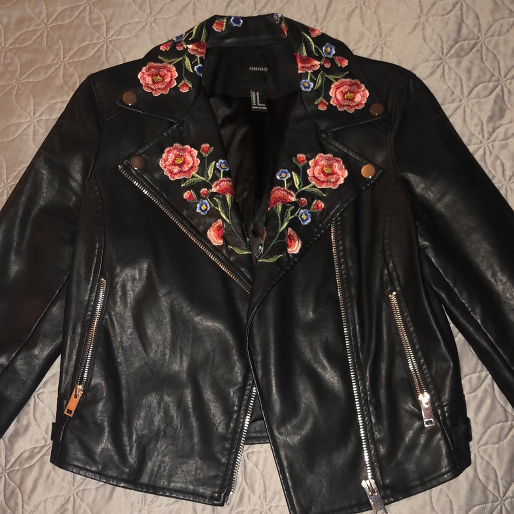 Floral Embroidered Black Leather Jacket